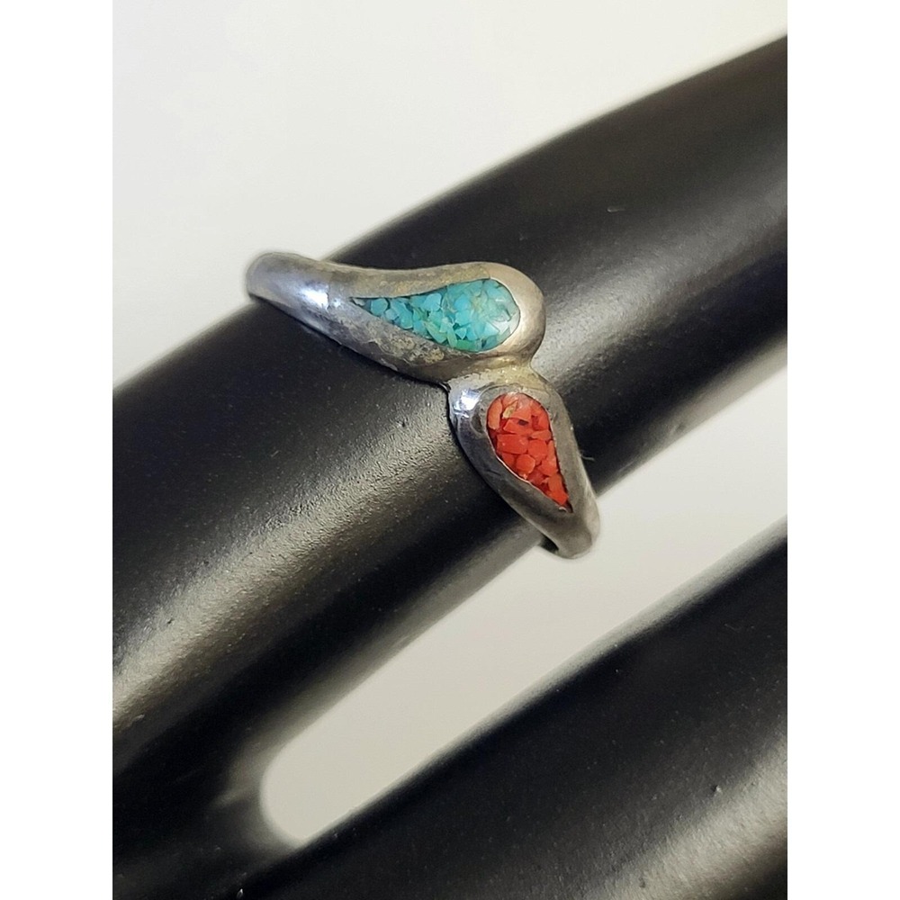 Vintage Chip Inlay Native Navajo Turquoise Coral Silver Women's Ring Size 7.25